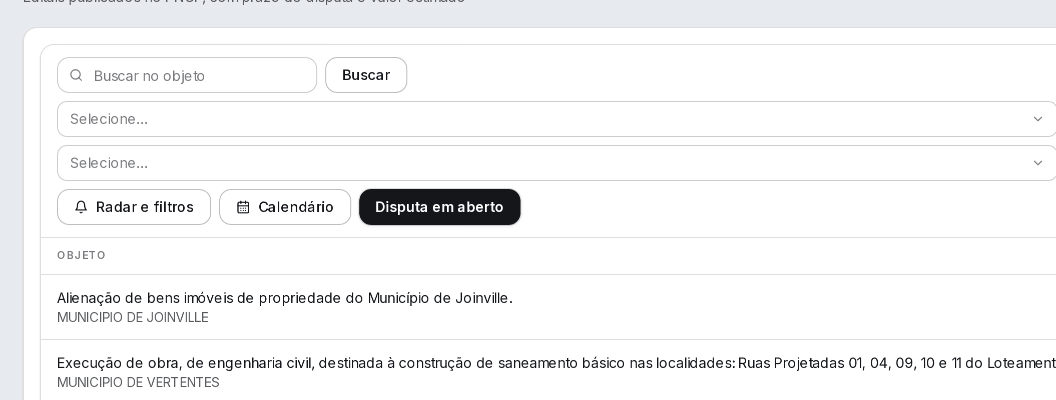 Tela de licitações do Arkkos, com editais do PNCP listados por órgão